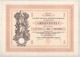 Makó 1929. "Makói Népbank Részvénytársaság" részvénye 50P-ről szelvényekkel, szárazpecsétt...