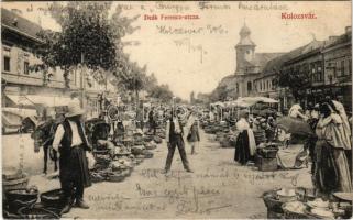 1906 Kolozsvár, Cluj; Deák Ferenc utca, piac, Marcinkiewicz, Havas Armin üzlete, sörcsarnok, Ajtai K. Albert könyvnyomdája. Lepage Lajos kiadása / street, market, shops, beer hall