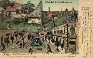 1909 Miskolc, (Görbe-Miskolc), Lefelé menet az Avasról, gyógyszertár. Grünwald Ignác kiadása - humoros rajz