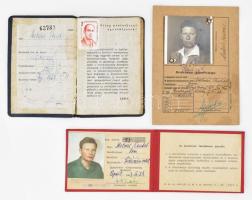 1943-1967 Molnár Vendel 3 db fényképes igazolványa: Fémáru, Fegyver- és Gépgyár Rt. munkásigazolvány, szakszervezeti tagsági könyv (bélyegekkel), tűzoltó igazolvány