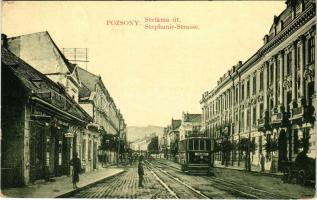 1910 Pozsony, Pressburg, Bratislava; Stefánia út, villamos a Vitéz utca felé, Wendler G. sütőháza, üzlet. W.L. Bp. 645. / street, tram, bakery shop (EK)