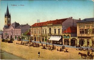 1912 Torda, Turda; Fő tér, piac, Szilágyi, Botár Imre, Kovrig János, Amirás Géza és Sípos Gábor üzletei. W.L. Bp. 7010. / square, market, shops