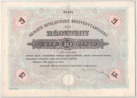 Budapest 1926. &quot;Nemzeti Hitelintézet Részvénytársaság&quot; részvénye 10P-ről, szárazpecséttel (4x), egyik szelvényekkel T:XF-F