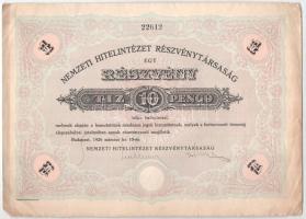 Budapest 1926. "Nemzeti Hitelintézet Részvénytársaság" részvénye 10P-ről, szárazpecséttel ...