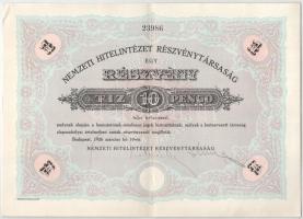 Budapest 1926. "Nemzeti Hitelintézet Részvénytársaság" részvénye 10P-ről, szárazpecséttel ...