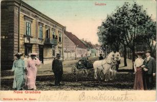 1905 Újgradiska, Novagradiska, Nova Gradiska; Setaliste, Sandora Fussara Radoslav Markovic. M. Bauer / Sétány, üzlet. Montázs / Promenade, shop. Montage (EB)