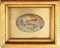 Masszív aranyozott rátétes keret, kissé sérült. Külső méret 44x50 cm