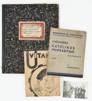 1938-1942 KIOE (Katolikus Iparos- és Munkásifjak Országos Egyesülete) tétel, 4 db: KIOE Szt. László Egyházközségi csoport gyűléseinek kézzel írt jegyzőkönyve, 1940-1941. + Munkásifjú Könyvtár 1. és 5. száma: P. Raoul Plus: Elmélkedések katolikus munkásifjak számára; U.-vitamin. Úttörők és vezetők számára. Összeáll.: Kertész László. Bp., 1938-1942, KIOE kiadása. Kiadói papírkötés, az egyik kissé foltos. + Csoportkép KIOE zászlókkal, fotó, 8,5x6 cm.