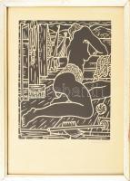 Farkasházy Miklós (1895-1964): Napozó nő. Linómetszet, papír, jelzett, üvegezett fakeretben, 30×25 cm