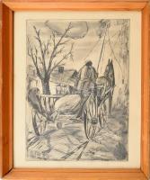 Jelzés nélkül: Lovaskocsi. Tus, papír. Üvegezett fakeretben. 27x20 cm