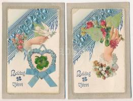 1909 Boldog Újévet! - 2 db régi rátétes litho üdvözlő képeslap / 2 New Year litho greeting postcard with applique