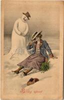1910 Boldog Újévet! Hölgy és hóember / New Year greeting, snowman and lady. H. Ch. Vienne Nr. 151. (EK)