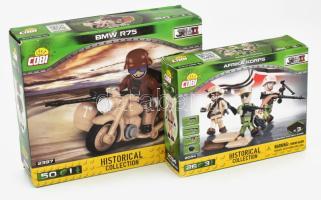 COBI Historical Collection II. világháborús katonai építőjáték szettek, 2 db: BMW R75 oldalkocsis motorkerékpár + Afrika Korps (Wehrmacht) katona figurák. Eredeti, bontatlan dobozukban.