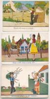 3 db RÉGI magyar nótás népviseletes képeslap vegyes minőségben, Bernáth és Kluka szignó / 3 pre-1945 Hungarian folklore postcards with folk songs, in mixed quality