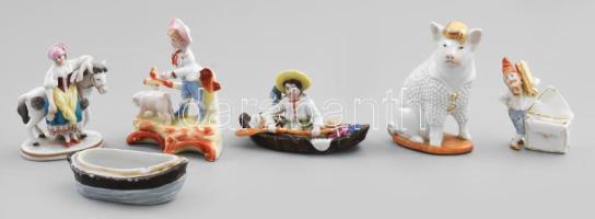 5 darab antik kisebb porcelán figura, Alt Wien nő lóval (ragasztott), férfi malaccal, malac kalapban, hajós bonbonier. Közte ragasztás, kopás.