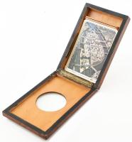 Fotó néző készülék nagyítós lencsével. Réz berakásos fa. Réz keretes lencsével. Kinyitható 13x20 cm