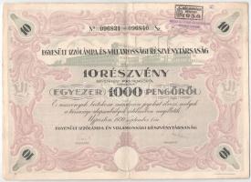 Újpest 1930. &quot;Egyesült Izzólámpa és Villamossági Részvénytársaság&quot; 10 részvénye egyben, összesen 1000P-ről, szárazpecséttel, szelvényekkel T:F nagyobb szakadás / Hungary / Újpest 1930. &quot;United Incandescent Lamp and Electricity Share Company&quot; 10 share in one, all about 1000 Pengp, with embossed stamp and coupons C:F big tear