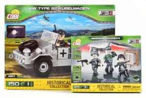 COBI Historical Collection II. világháborús katonai építőjáték szettek, 2 db: VW Type 82 Kübelwagen katonai gépkocsi + German Soldiers (Wehrmacht) katona figurák. Eredeti, bontatlan dobozukban.