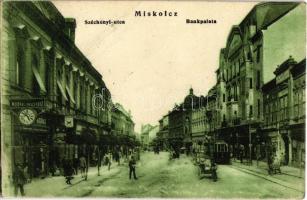 Miskolc, Széchenyi utca, Bankpalota, villamos, Műórás és ékszerész üzlete. Özv. Földváry Mihályné kiadása (EK)