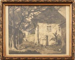 Olvashatatlan jelzéssel: Udvar. Rézkarc, papír. Üvegezett fakeretben. 17x19 cm