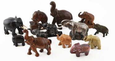 13 darab faragott elefánt szobor, zömmel fa, közte jáde, bronz, fém persely. Érdekes darabokkal, m: 5- 15 cm
