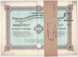 Budapest 1941. "Magyar Czukoripar-Részvénytársaság" 5db részvénye 100P-ról szelvényekkel, szárazpecséttel, felülbélyegzéssel, kötegelővel T:VF