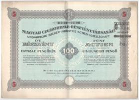 Budapest 1941. "Magyar Czukoripar-Részvénytársaság" 5db részvénye 100P-ról szelvényekkel, ...