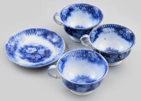 cca 1860-1880 Villeroy & Boch India Flow Blue 3 csésze + alátét. Jelzés nélkül, egyik darabon pattanással, d: 13,5 cm, m: 6 cm
