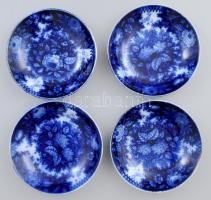 cca 1860-1880 4 darab Villeroy & Boch Jardiniere India Flow Blue virágoskert mintás tálka. Jelzéssel, kopással, 2 tálon repedéssel, d: 14,5 cm
