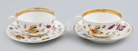 2 darab antik kínai életképes, entomológiai témában alapos kézi festésű csésze alátéttel. Jelzés nélkül, kopással, d: 10 cm