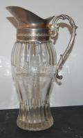 ~1900 Alpakka kiöntős és fém fogantyús (mindkettő ezüstözött) üveg kancsó korának megfelelő állapotban, 25cm-es magassággal / Antique glass jug with silver-plated spout and handle