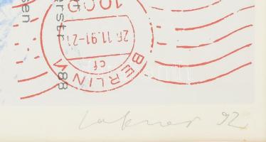 Lakner László (1936-): Cím nélkül, 1992. Szitanyomat, papír, jelzett, számozott (31/40). Üvegezett f...