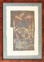 ef Zámbó István (1950-): Beszélgető madarak (1976/2003). Linómetszet, vegyes technika (egyedileg színezett), merített papír. Jelzett. Hátoldalán ef Zámbó István autográf ajándékozási soraival Haraszty István "Édeskének" (1934-2022), Kossuth-díjas szobrász, festőművész részére. Üvegezett fa keretben, 22,5x15 cm.