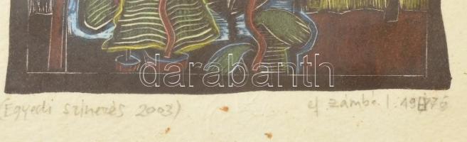 ef Zámbó István (1950-): Beszélgető madarak (1976/2003). Linómetszet, vegyes technika (egyedileg szí...