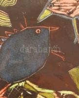 ef Zámbó István (1950-): Beszélgető madarak (1976/2003). Linómetszet, vegyes technika (egyedileg szí...