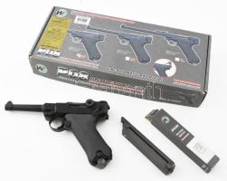 WE P08 félautomata, gázos airsoft pisztoly, eredeti dobozában, leírással, extra tárral