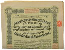 Budapest 1913. A Temes- és Somogy-vármegyei Egyesült Helyi Érdekű Vasutak Részvénytársaság részvénye 400K-ról, angol, magyar és német nyelven, szárazpecséttel T:F / Hungary / Budapest 1913. United Local Railway Share Company of Temes- and Somogy County share about 400 Kronen, in English, Hungarian and German, with embossed stamp C:F