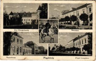 Nagykároly, Carei; Gróf Károlyi kastély, vasútállomás, városháza, polgári leány iskola / castle, railway station, town hall, girl school (szakadás / tear)