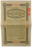 1913. Budapest "A Temes- és Somogy-vármegyei Egyesült Helyi Érdekű Vasutak Részvénytársaság" részvénye 4000K-ról, angol, magyar és német nyelven, szárazpecséttel T:F / Hungary / Budapest 1913. "United Local Railway Share Company of Temes- and Somogy County" share about 4000 Kronen, in English, Hungarian and German, with embossed stamp C:F