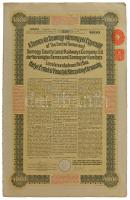 Budapest 1913. &quot;A Temes- és Somogy-vármegyei Egyesült Helyi Érdekű Vasutak Részvénytársaság&quot; részvénye 4000K-ról, angol, magyar és német nyelven, szárazpecséttel T:Au tűlyukak / Hungary / Budapest 1913. &quot;United Local Railway Share Company of Temes- and Somogy County&quot; share about 4000 Kronen, in English, Hungarian and German, with embossed stamp C:AU needle holes