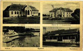 Gyömrő, Községháza, Főbírói hivatal az Országzászlóval, Tófürdő, fürdőzők, Gyömrő-Tófürdő vasútállomás (Rb)