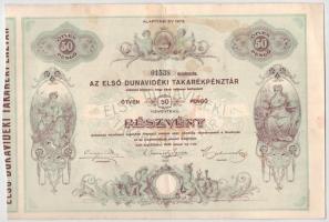 Kiskőrös 1930. "Az Első Dunavidéki Takarékpénztár" részvénye 50P-ről szelvényekkel, szárazpecséttel T:F ly., fo.