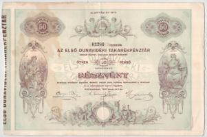 Kiskőrös 1930. &quot;Az Első Dunavidéki Takarékpénztár&quot; részvénye 50P-ről szelvényekkel, szárazpecséttel T:F fo., felületi sérülések