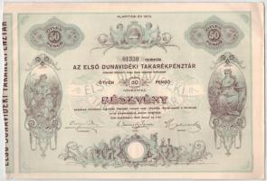 Kiskőrös 1930. Az Első Dunavidéki Takarékpénztár részvénye 50P-ről szelvényekkel, szárazpecséttel T:XF