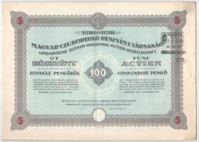 Budapest 1941. &quot;Magyar Czukoripar-Részvénytársaság&quot; 5db részvénye 100P-ról szelvényekkel, szárazpecséttel T:XF