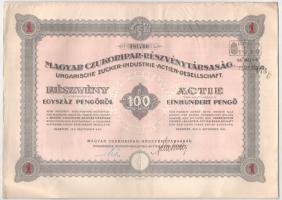 Budapest 1941. Magyar Czukoripar-Részvénytársaság részvénye 100P-ról szelvényekkel, szárazpecséttel (2x) T:XF