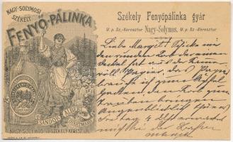 1899 (Vorläufer) Nagysolymos, Soimusu Mare (Hargita); Nagy-Solymosi Székely Fenyő Pálinka gyár reklámlapja, Sándor Albert gyártmánya. Becsek D. fia kiadása / Szekler (secuii) pine brandy factory's advertisement + "HÉJASFALVA P.U." (EK)