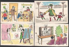 Szegő Gizi (1902-1985): Ludas Matyiban megjelent grafikák, karikatúrák vázlatai. 14 db (közet 2 db erotikus. Vegyes technika, papír, mind jelzett. Többségének hátoldalán "Ludas Matyi Szerkesztősége" vagy "Ludas Magazin" bélyegzővel. 11x17 és 13,5x20 cm közötti méretekben.