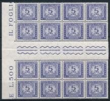 1955 Portóbélyeg 5L hajtott ívközéprészes 16-os tömbben / Postage due Mi 88 / Sassone 111 in gutter block of 16