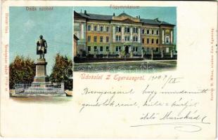 1900 Zalaegerszeg, Egerszeg; Deák szobor, Főgimnázium. Komlos M. Miksa kiadása